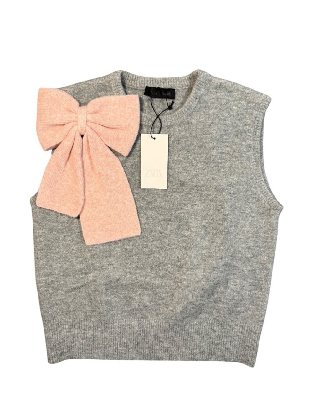 NWT Zara Knit Vest Top Bow Wool Blend Academia Preppy Gray Pink Size Large